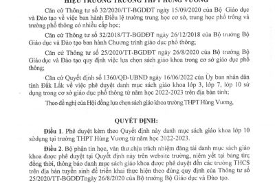 DANH MỤC SÁCH GIÁO KHOA LỚP 10 ÁP DỤNG TẠI TRƯỜNG THPT HÙNG VƯƠNG TỪ NĂM HỌC 2022-2023