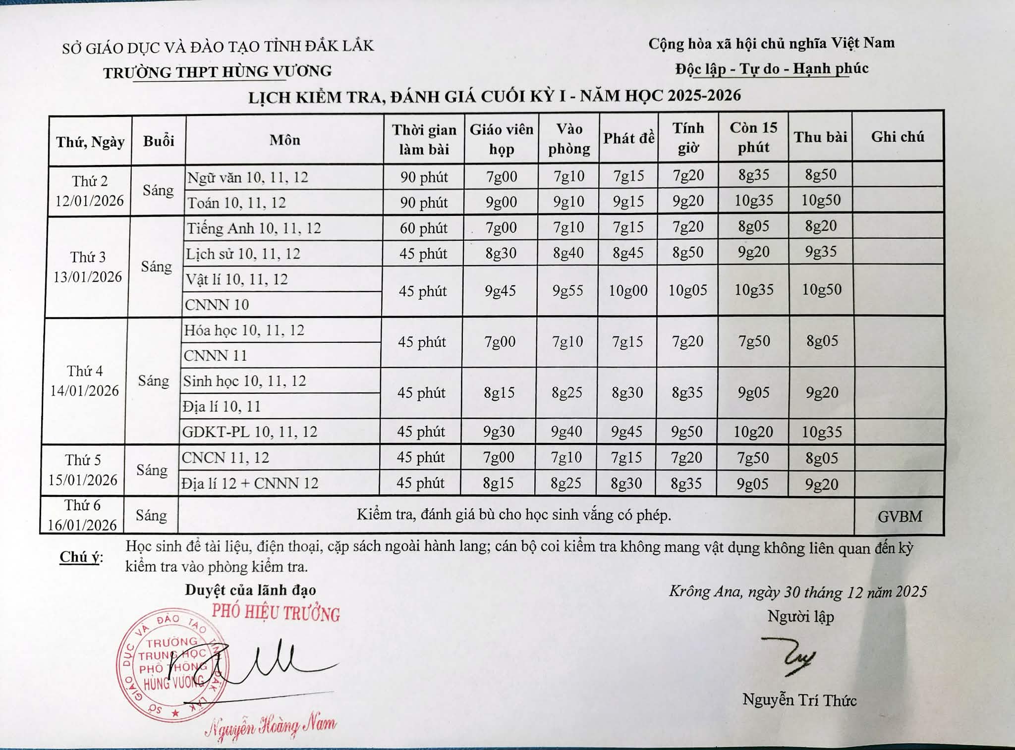 Lịch kiểm tra, đánh giá cuối Học kỳ 1, năm học 2025-2026 Lịch kiểm tra, đánh giá cuối Học kỳ 1, năm học 2025-2026