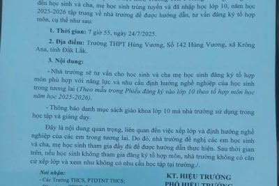 THÔNG BÁO ĐĂNG KÝ TỔ HỢP MÔN ĐỐI VỚI HỌC SINH LỚP 10, NĂM HỌC 2025-2026
